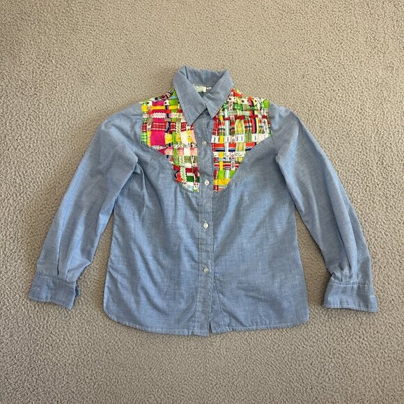 Vintage 70s Western Patchwork Button Shirt Womens Chambray Denim - Picture 9 of 16
